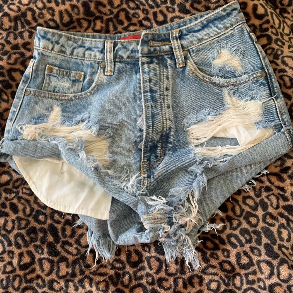 High waisted distressed jean shorts